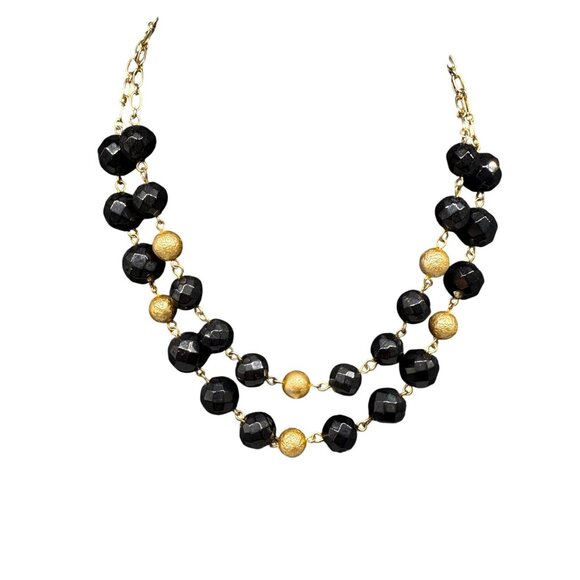 Vintage Black Gold Faceted Beads Double-Strand Chain Necklace Gold Tone - Picture 2 of 7